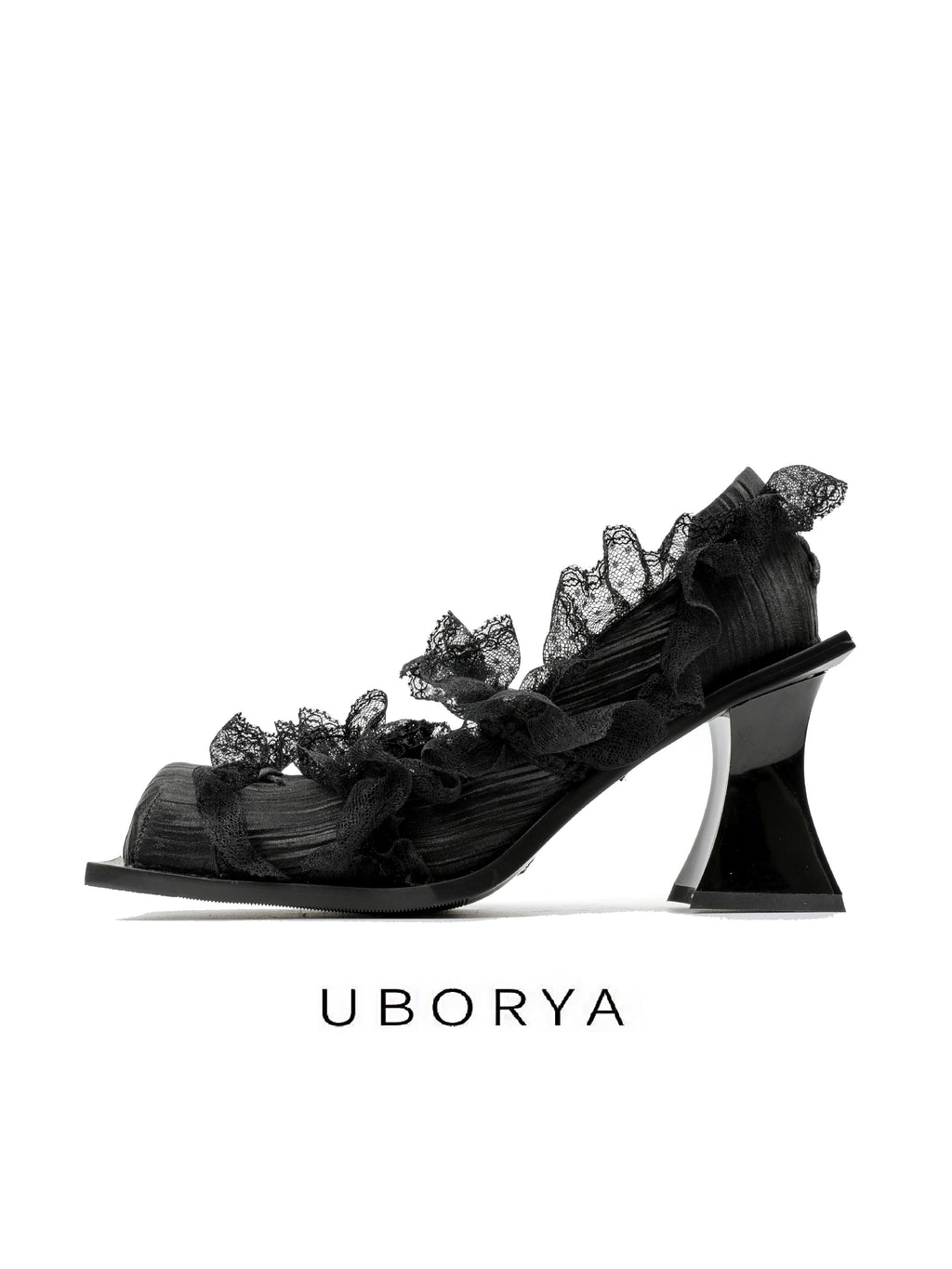 UBORYA Black Lace Gothic Romantic Sculptural Open‑Toe Heels 8cm