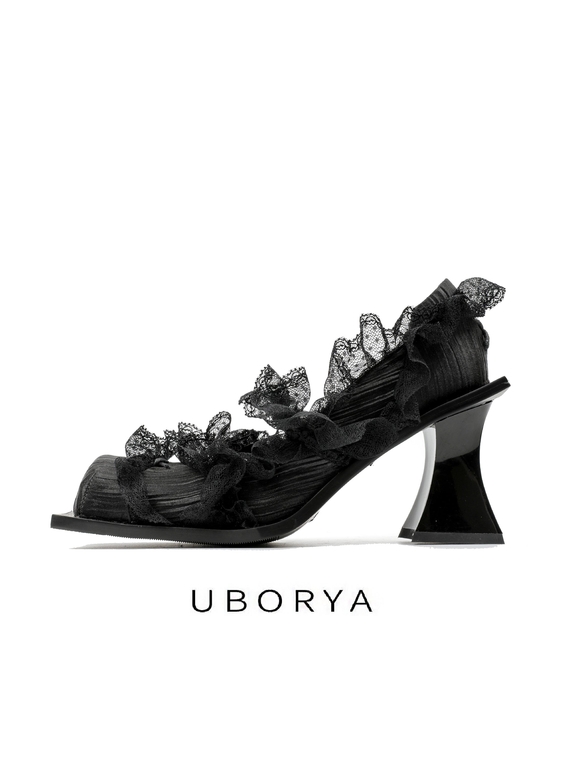 UBORYA Black Lace Gothic Romantic Sculptural Open‑Toe Heels 8cm
