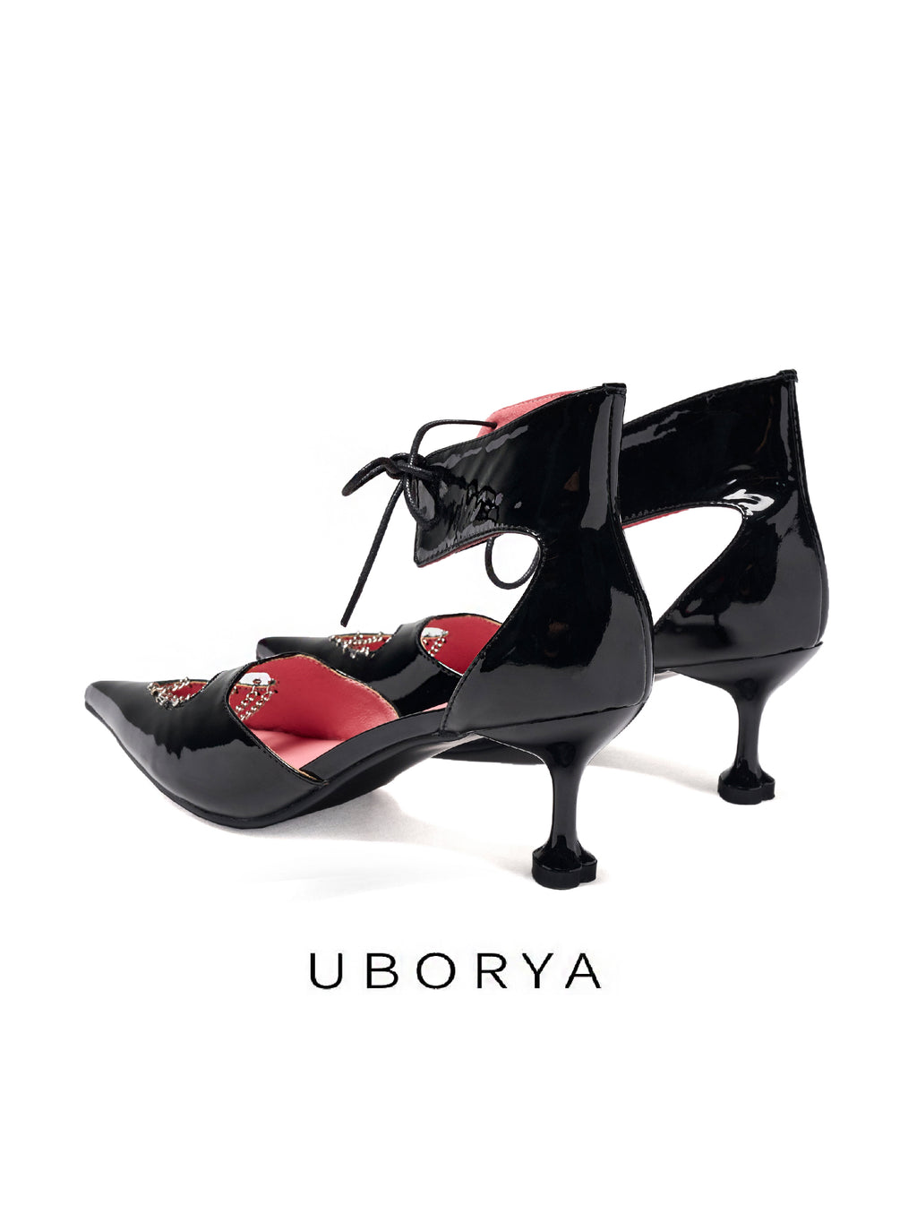 UBORYA Black Patent Leather Heart Cut Out Kitten Heels Pointed Toe Pumps