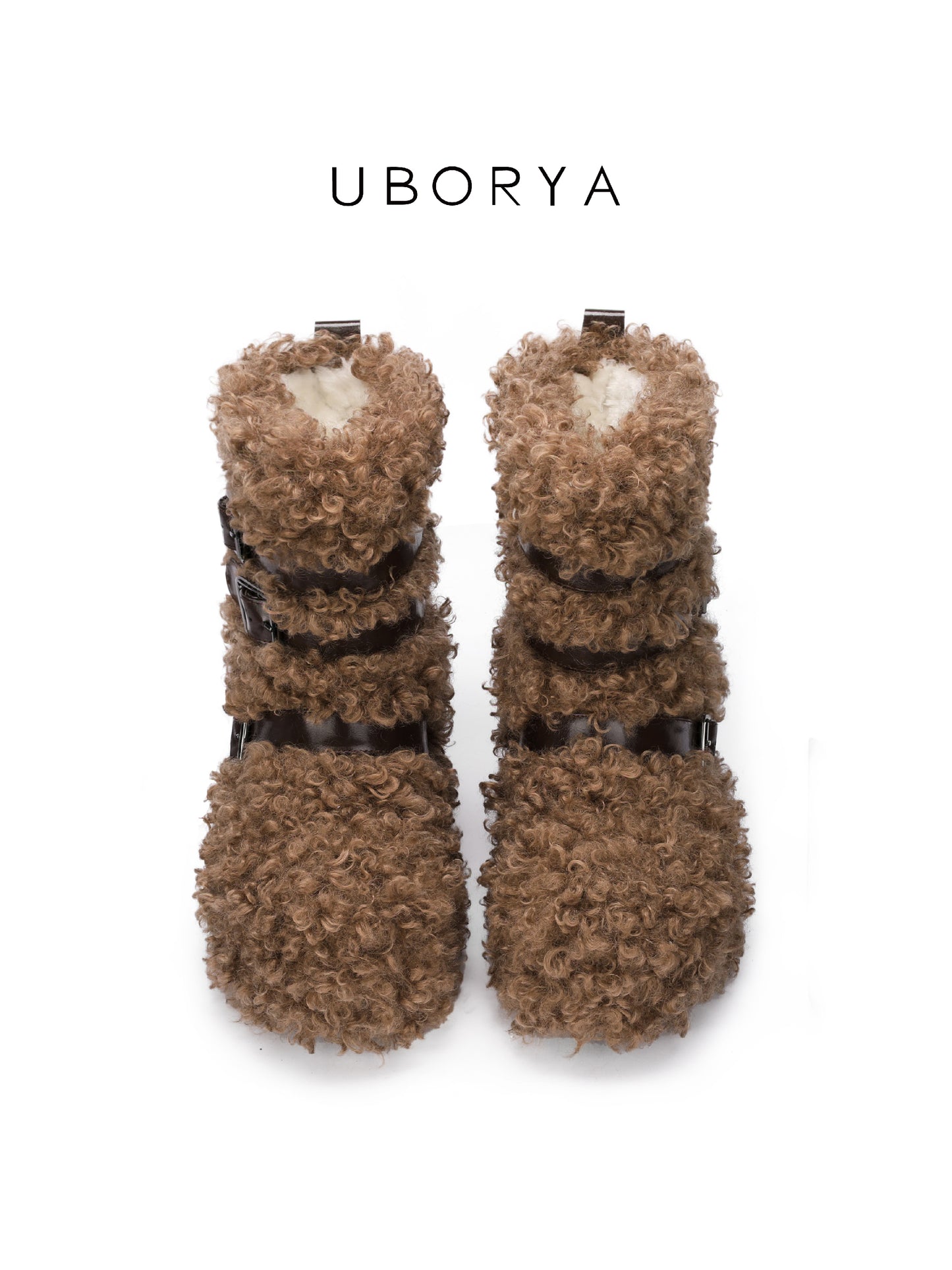 UBORYA Brown Curly Teddy Fur Platform Boots - Buckle Strap Fuzzy Ankle Booties