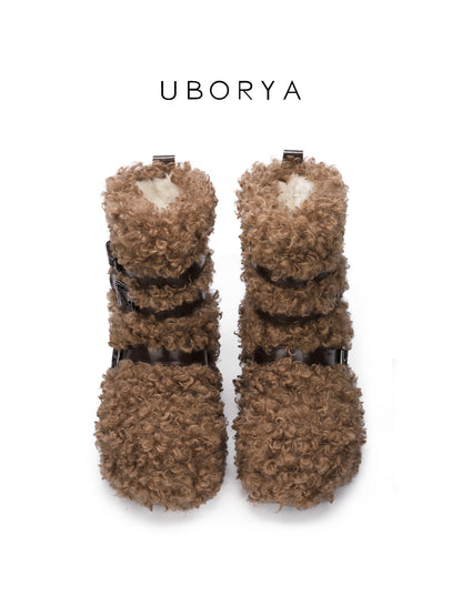 UBORYA Brown Curly Teddy Fur Platform Boots - Buckle Strap Fuzzy Ankle Booties