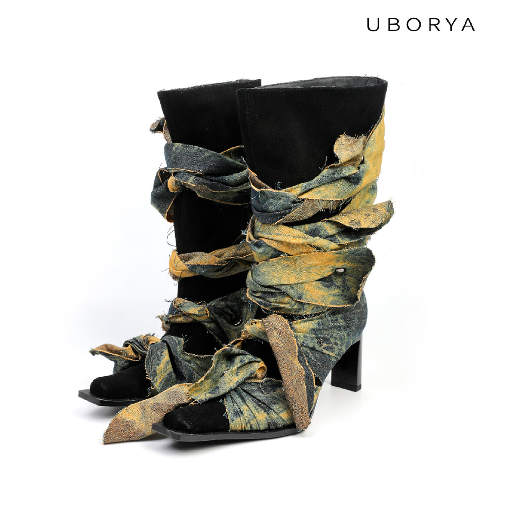 UBORYA Deconstructed Denim Wrap Boots Black Suede Patchwork Woven 6cm Block Heel