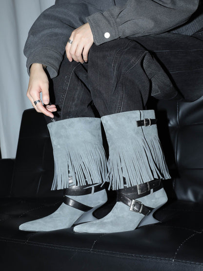 UBORYA Grey Blue Suede Fringe Mid-Calf Boots with Buckle Straps – Sculptural Wedge Heel Boots for Women | Pointed Toe | Western Avant-Garde Booties