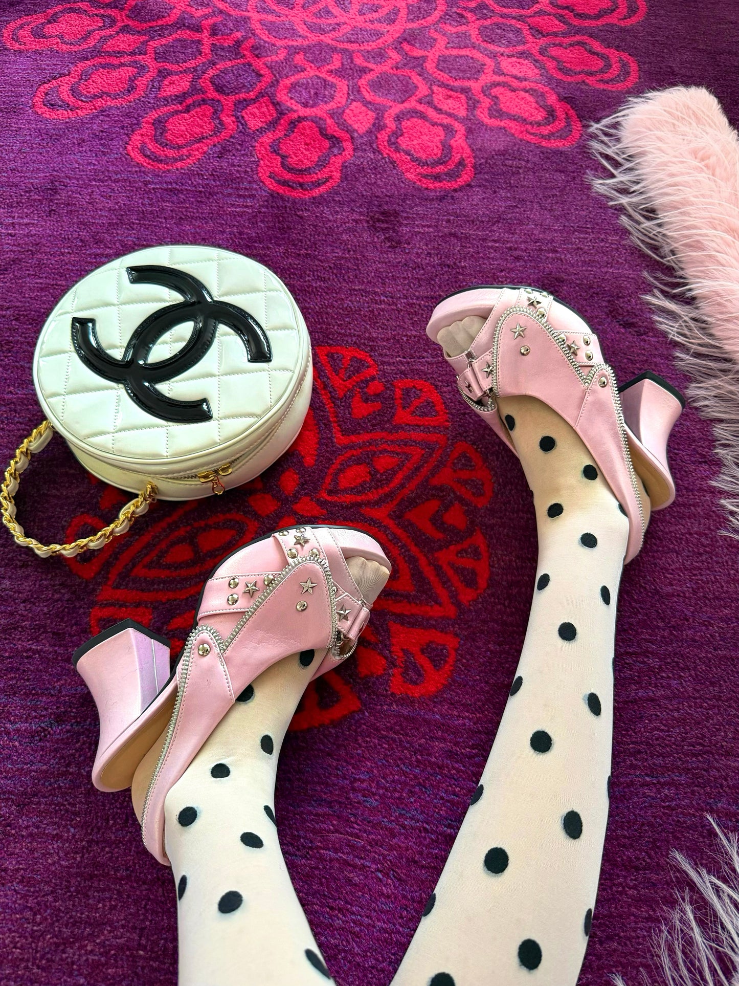 UBORYA Pink Metallic Platform Slingback Heels - Peep Toe Star Stud Zipper Detail Sculptural Heel Sandals