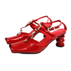 UBORYA Red Patent Leather T Strap Slingbacks Peep Toe Stacked Heel Sandals