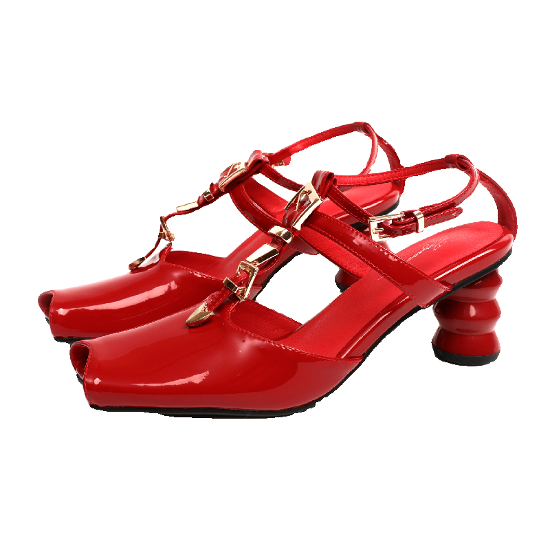 UBORYA Red Patent Leather T Strap Slingbacks Peep Toe Stacked Heel Sandals