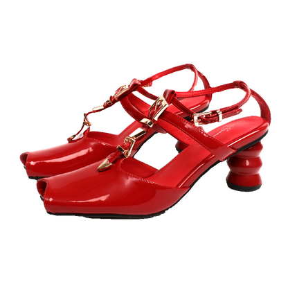 UBORYA Red Patent Leather T-Strap Slingbacks - Peep Toe Sculptural Stacked Heel Sandals