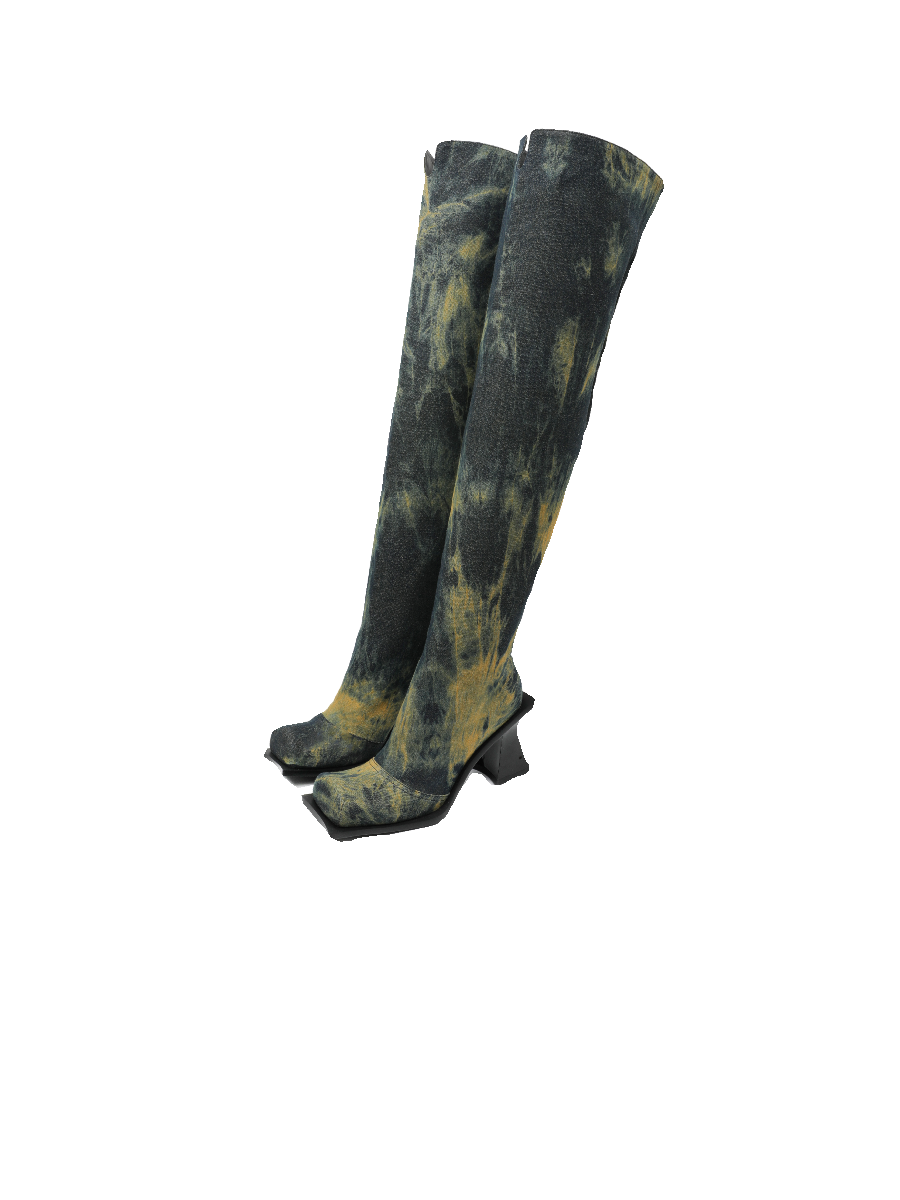 UBORYA Black & Yellow Wash Over-The-Knee Boots – Artistic Knit Thigh Highs for Women | 8cm / 2.0in Block Heel | Square Toe | Edgy Abstract Print Midi Boots