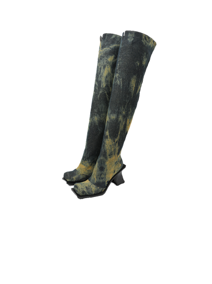UBORYA Black & Yellow Wash Over-The-Knee Boots – Artistic Knit Thigh Highs for Women | 8cm / 2.0in Block Heel | Square Toe | Edgy Abstract Print Midi Boots