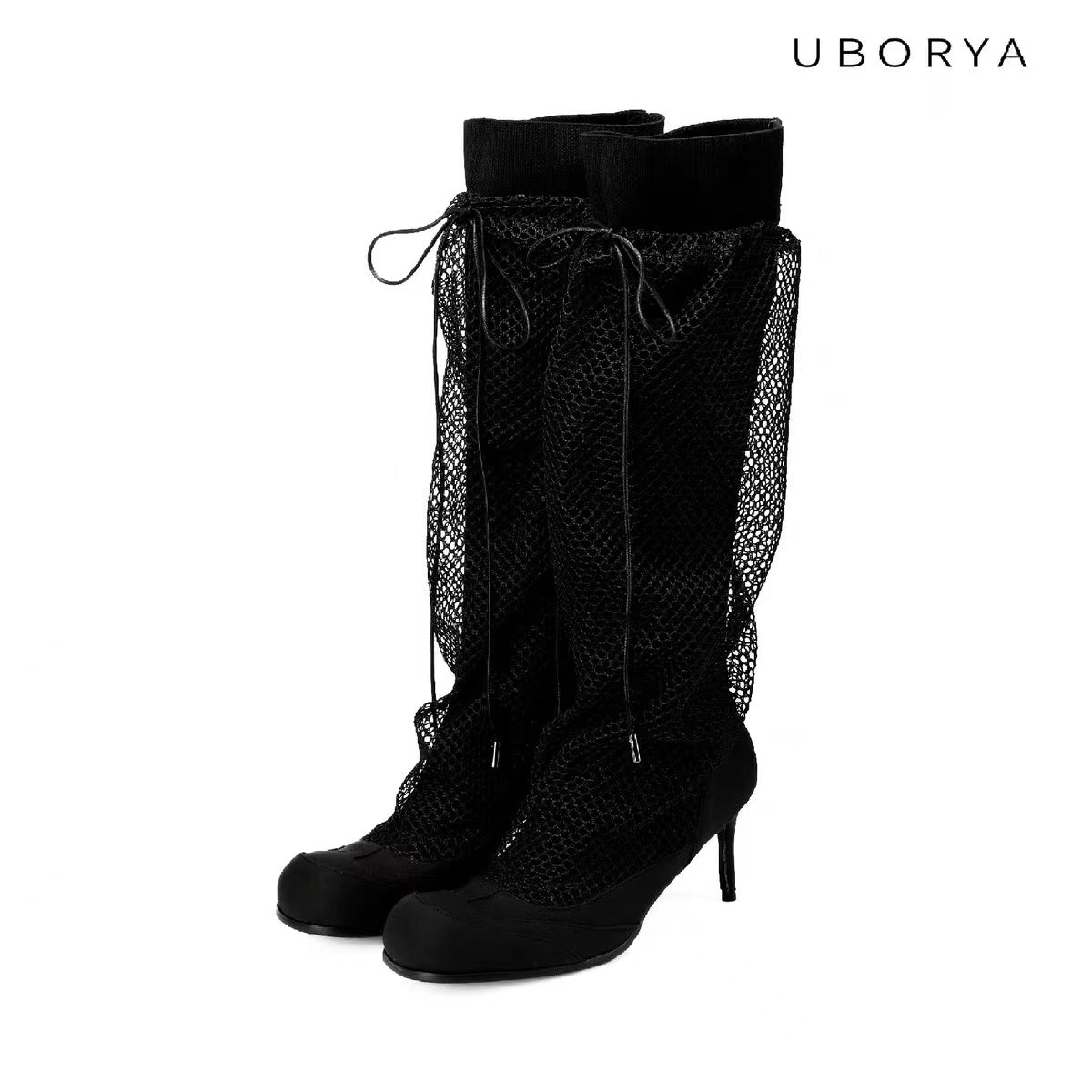 UBORYA Black Fishnet Gothic Punk Peep Toe Ankle Boots 7cm Stiletto