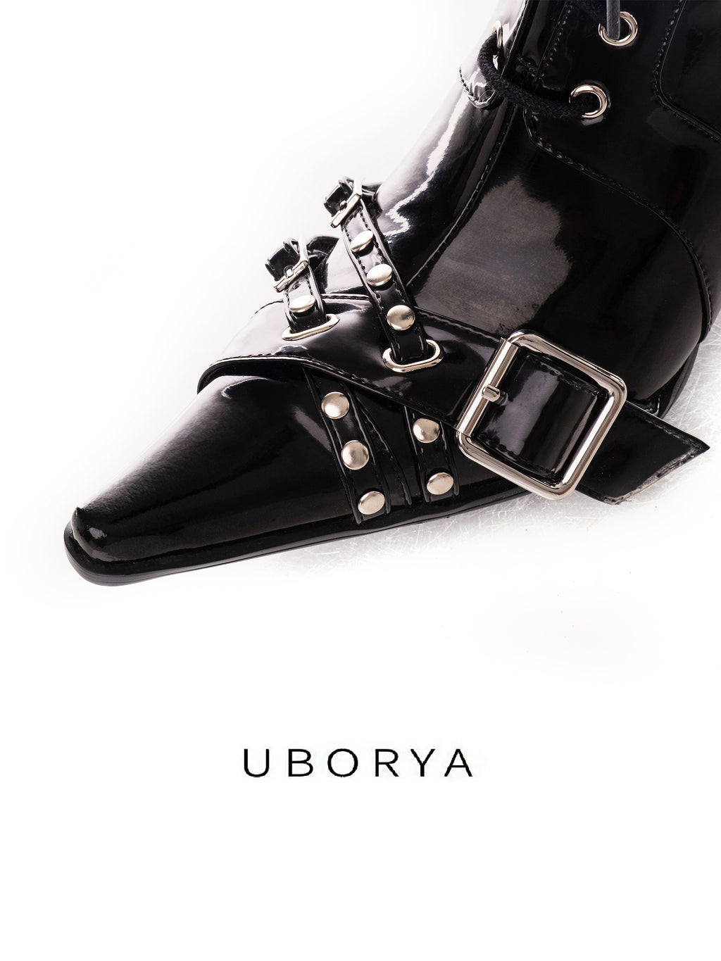 UBORYA Black Patent Leather Knee High Wedge Boots Lace Up Chain Buckle Punk Boots