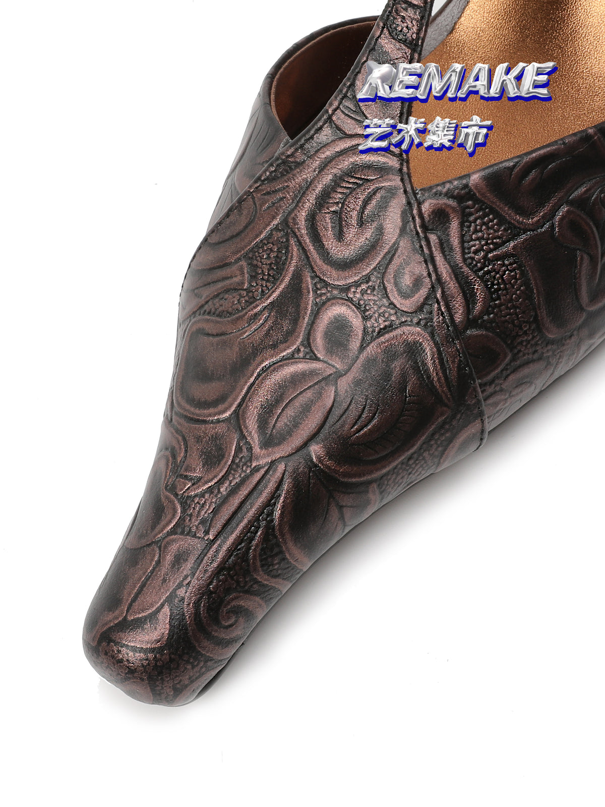 UBORYA Rose Embossed Leather T-Strap Kitten Heel Slingbacks