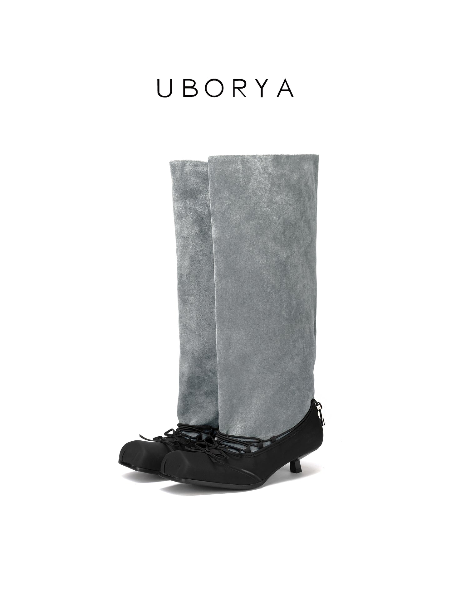 UBORYA Grey Suede Slouchy Knee-High Boots with Bows – Black Ballet Toe Cap Kitten Heel Boots for Women | Ruched Shaft | Side Zipper | Avant-Garde Booties