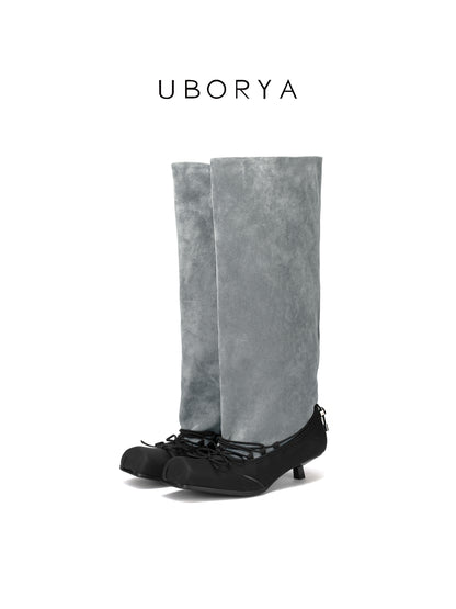 UBORYA Grey Suede Slouchy Knee-High Boots with Bows – Black Ballet Toe Cap Kitten Heel Boots for Women | Ruched Shaft | Side Zipper | Avant-Garde Booties
