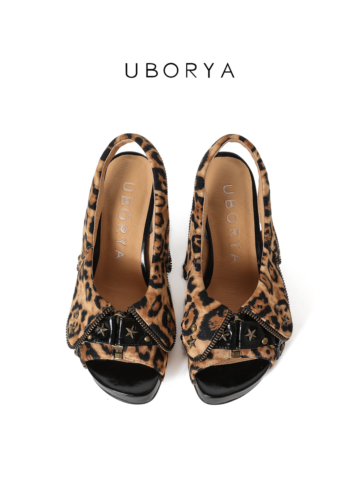 UBORYA Leopard Print Platform Slingback Heels - Peep Toe Star Stud Zipper Detail Sculptural Heel Sandals