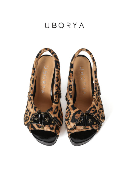 UBORYA Leopard Print Platform Slingback Heels - Peep Toe Star Stud Zipper Detail Sculptural Heel Sandals