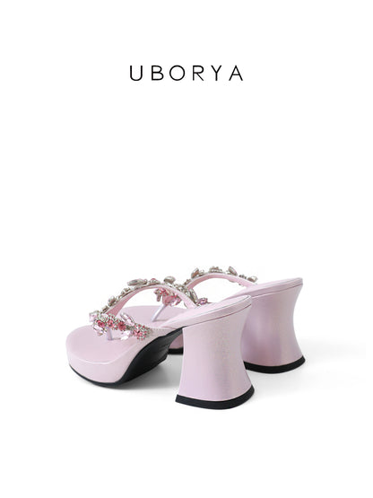UBORYA Pink Rhinestone Thong Sandals – Glamorous Platform Heels for Women | 8cm / 3.15in Chunky Heel | Crystal Embellished Straps | Square Toe Slip-On Mules