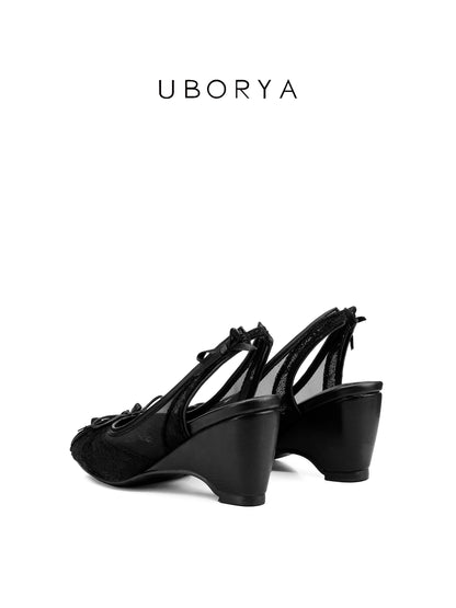 UBORYA Black Lace Slingback Peep-Toe Shoes with Bow Details – Low Wedge Heel Pumps for Women | Gothic Coquette Heels | Elegant Mesh Open-Toe Sandals