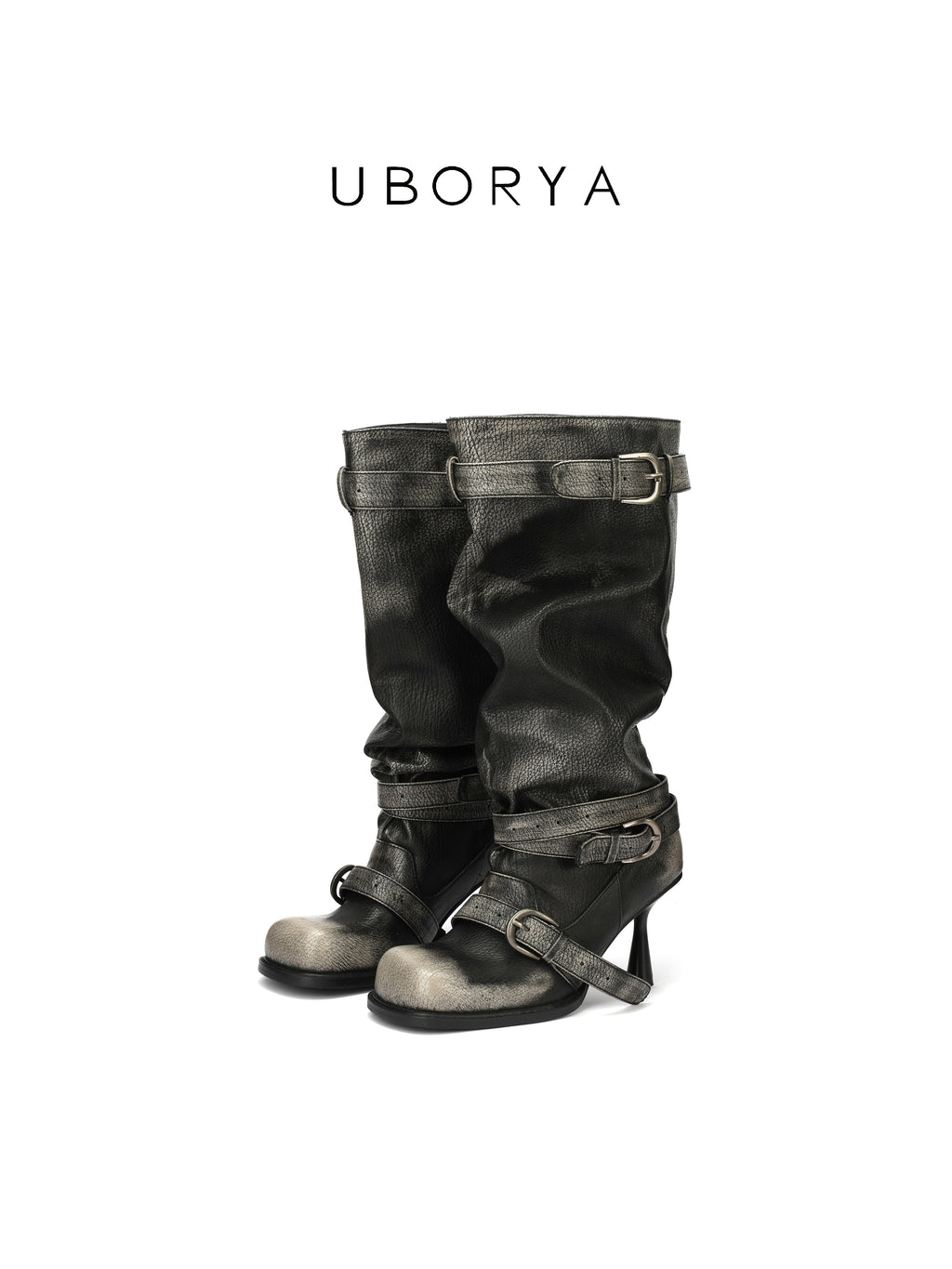 UBORYA Black Slouchy Knee-High Boots with Buckle Straps and Sculptural Heel
