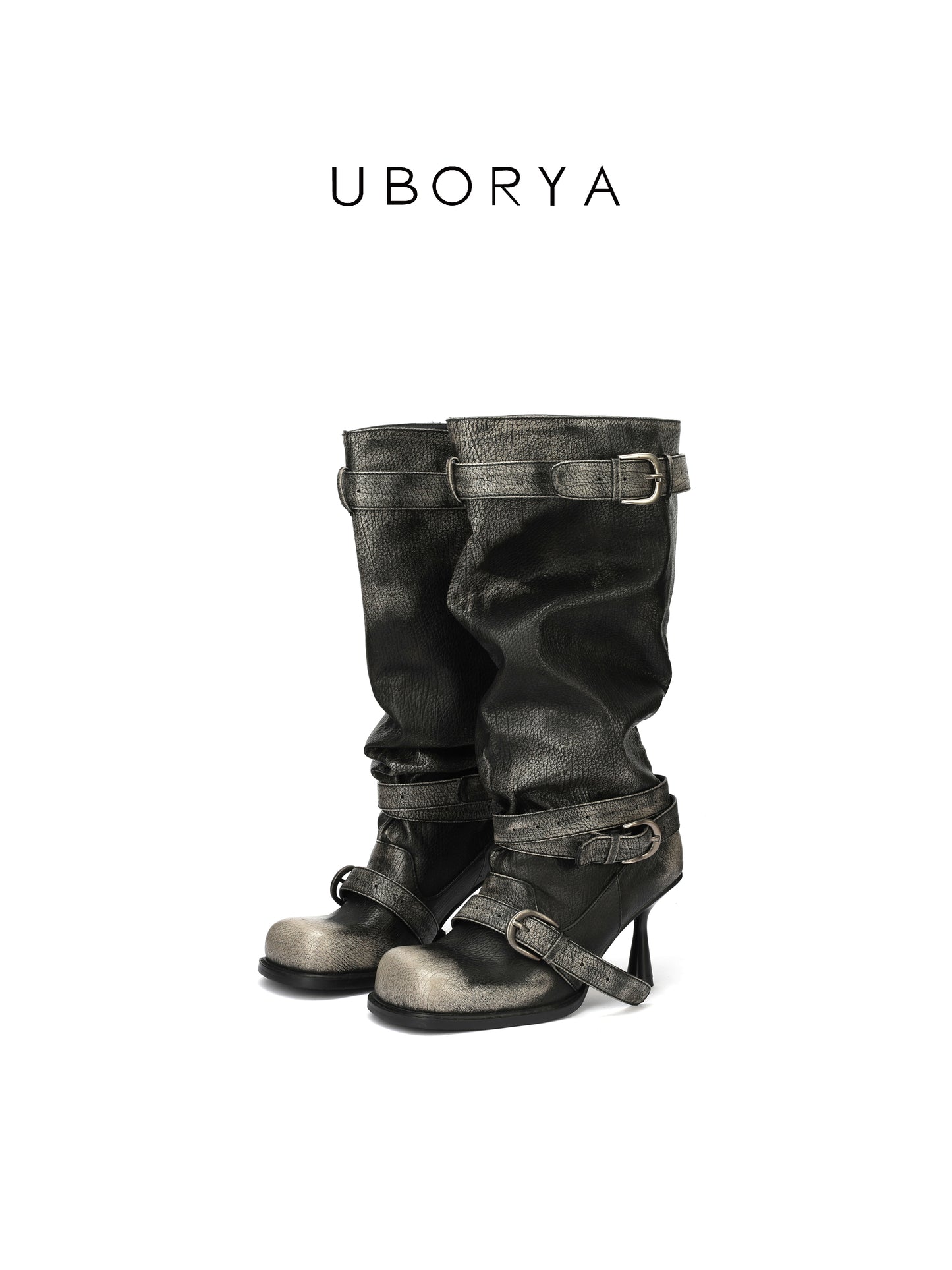 UBORYA Black Slouchy Knee-High Boots with Buckle Straps – 6.5cm Sculptural Kitten Heel Boots for Women | Square Toe | Crinkled Leather Harness Booties
