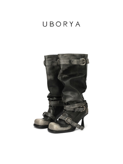 UBORYA Black Slouchy Knee-High Boots with Buckle Straps – 6.5cm Sculptural Kitten Heel Boots for Women | Square Toe | Crinkled Leather Harness Booties