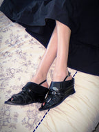 UBORYA Black Leather Braided Slingback Wedge Sandals