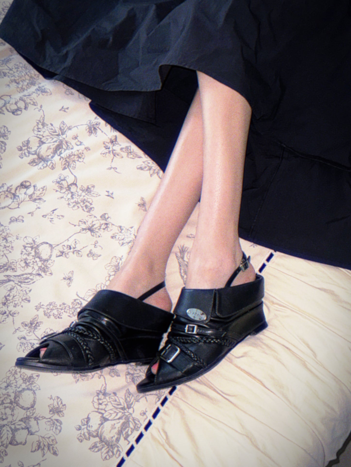 UBORYA Black Leather Slingback Peep-Toe Shoes with Braided Straps & Silver Buckles – Low Wedge Heel Pumps for Women | Edgy Utility Sandals | Punk Glam Footwear