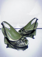 UBORYA Olive Green Lace Slingback Wedge Sandals with Bow Details
