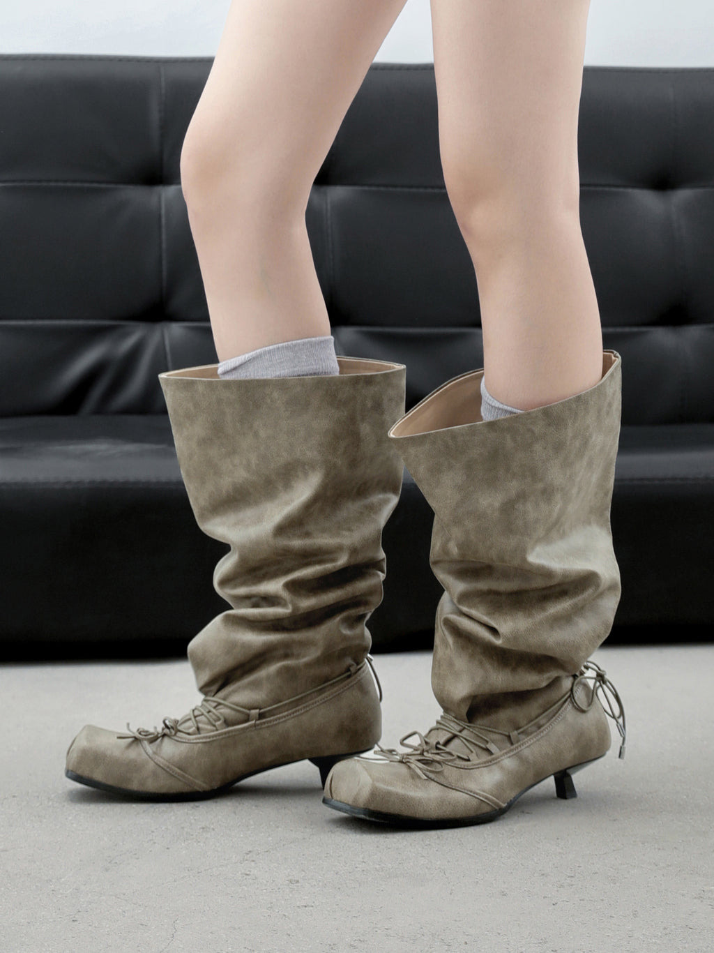 UBORYA Khaki Suede Slouchy Knee-High Boots with Bow Details