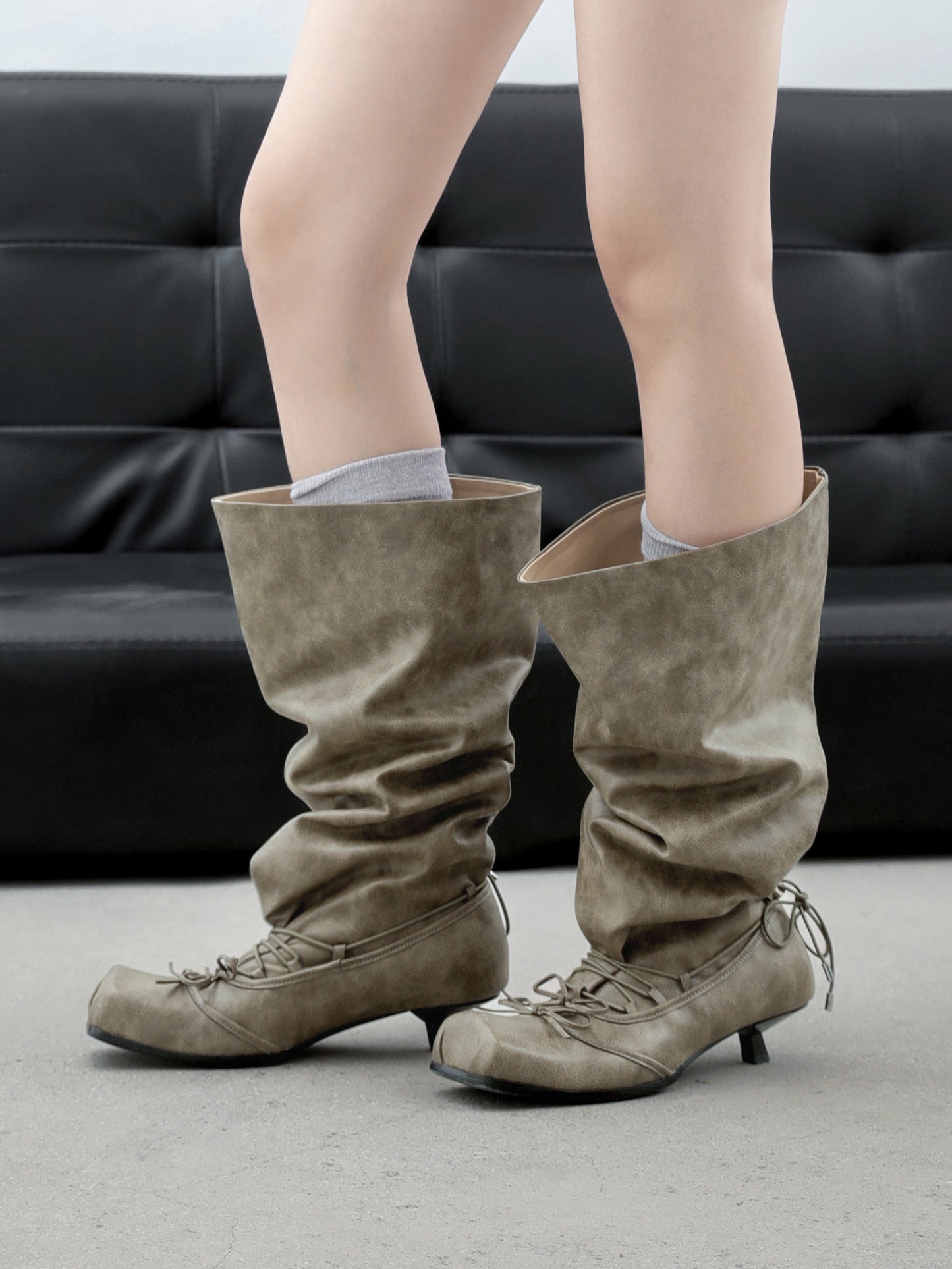 UBORYA Khaki Suede Slouchy Knee-High Boots with Bows – Square Toe Kitten Heel Boots for Women | Ruched Shaft | Side Zipper | Earthy Avant-Garde Booties