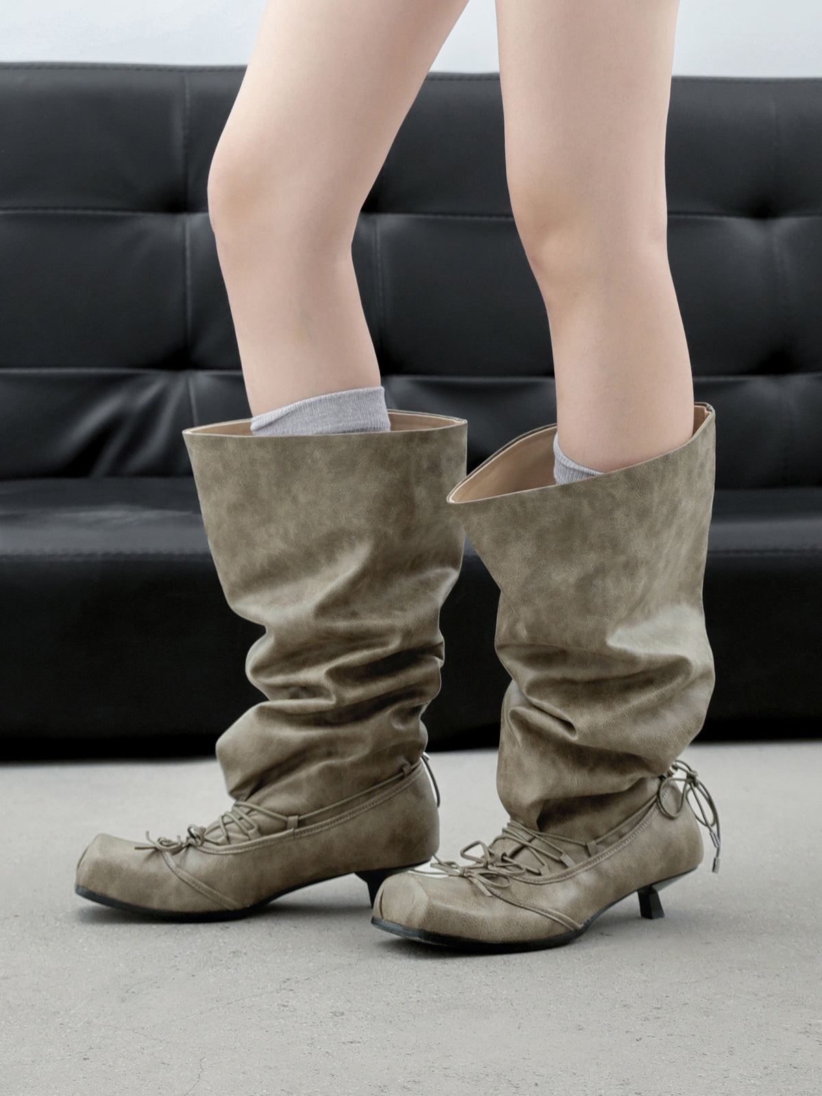 UBORYA Khaki Suede Slouchy Knee-High Boots with Bow Details