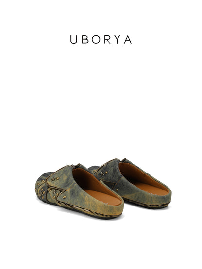 UBORYA Distressed Denim Slip-On Mules with Zipper & Brass Studs – Star Accent Slides for Women | Grunge Punk Utility Footwear | Vintage Wash Clogs