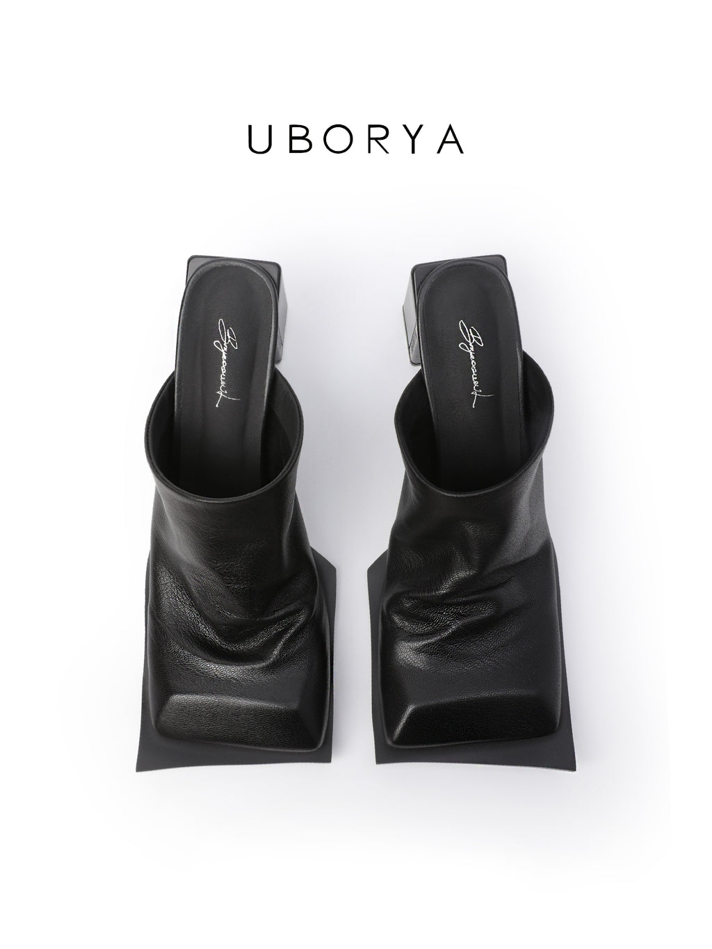UBORYA Black Draped Leather Minimalist Mules 7cm Block Heel