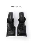 UBORYA Black Draped Leather Minimalist Mules 7cm Block Heel