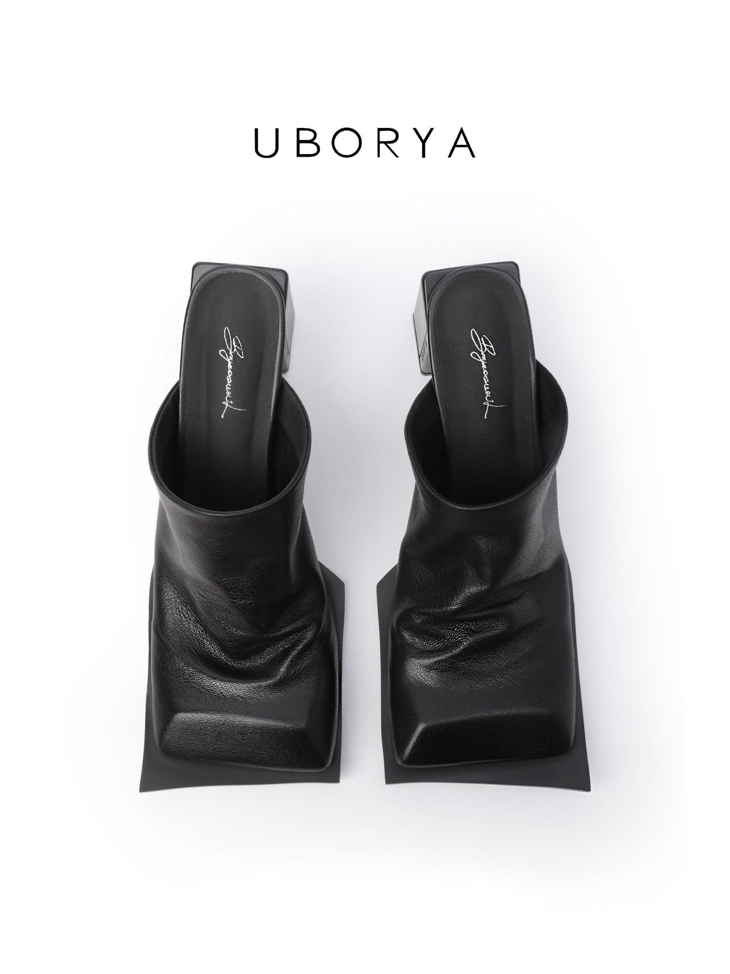 UBORYA Black Draped Leather Mules – Minimalist Modern Pumps for Women | 7cm / 2.8in Block Heel | Soft Natural Grain Leather | Elegant Open-Back Slide Sandals