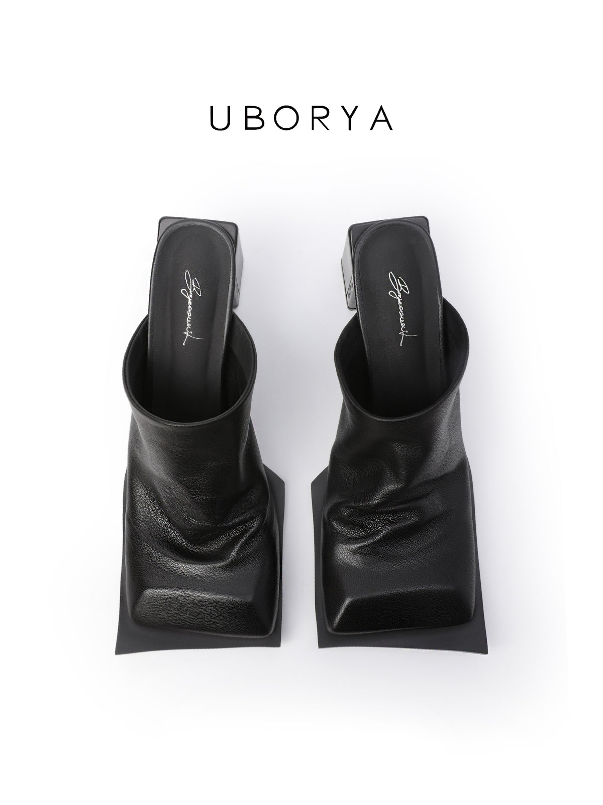 UBORYA Black Draped Leather Minimalist Mules 7cm Block Heel