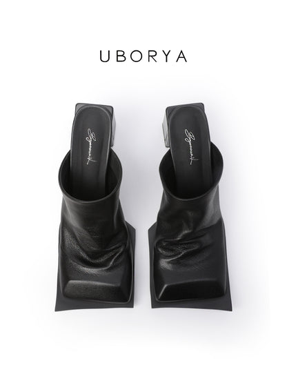 UBORYA Black Draped Leather Mules – Minimalist Modern Pumps for Women | 7cm / 2.8in Block Heel | Soft Natural Grain Leather | Elegant Open-Back Slide Sandals