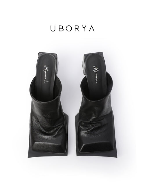 UBORYA Black Draped Leather Minimalist Mules 7cm Block Heel
