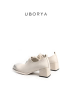 UBORYA Off White Leather Lace Up Oxfords Silver Toe Cap Block Heel Shoes