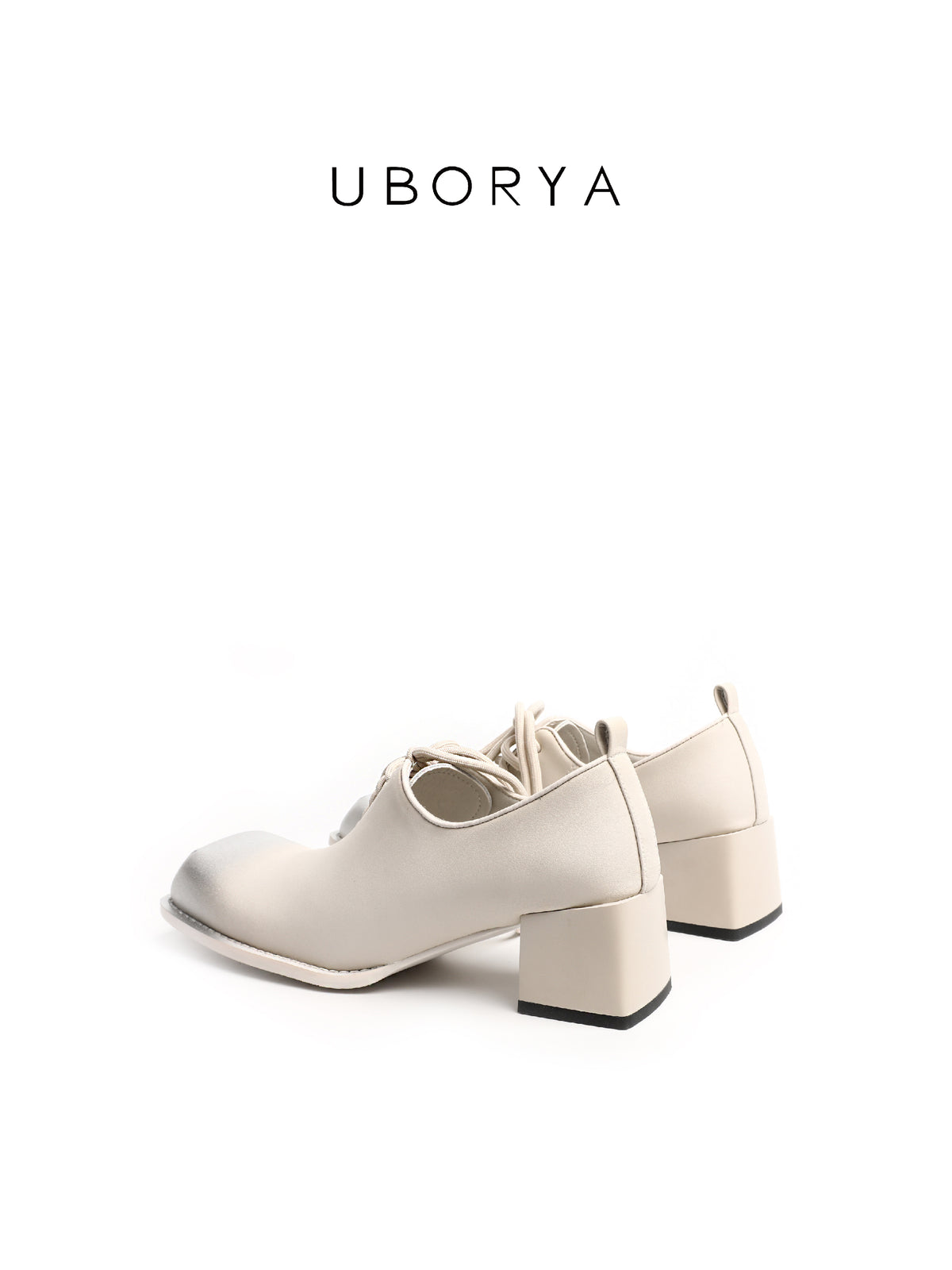 UBORYA Off White Leather Lace Up Oxfords Silver Toe Cap Block Heel Shoes