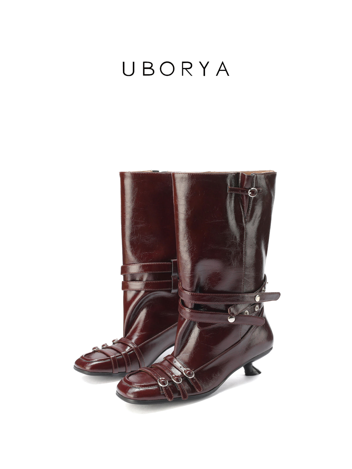 UBORYA Burgundy Crinkled Leather Mid-Calf Boots with Multi-Strap Hardware
