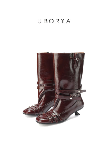 UBORYA Burgundy Crinkled Leather Mid-Calf Boots with Multi-Strap Hardware – Kitten Heel Boots for Women | Square Toe | Equestrian Punk Booties