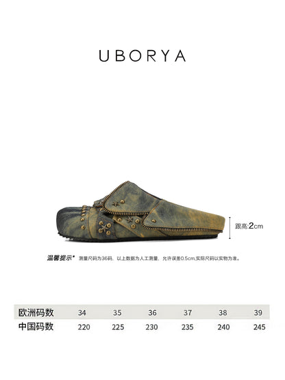 UBORYA Distressed Denim Slip-On Mules with Zipper & Brass Studs – Star Accent Slides for Women | Grunge Punk Utility Footwear | Vintage Wash Clogs