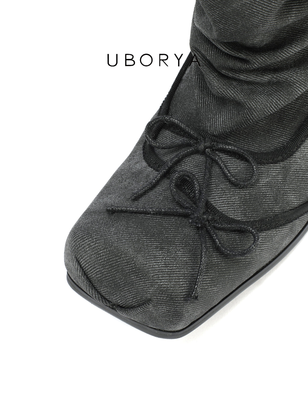 UBORYA Grey Denim Slouchy Bow Ankle Boots with Square Toe