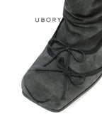 UBORYA Grey Denim Slouchy Bow Ankle Boots with Square Toe