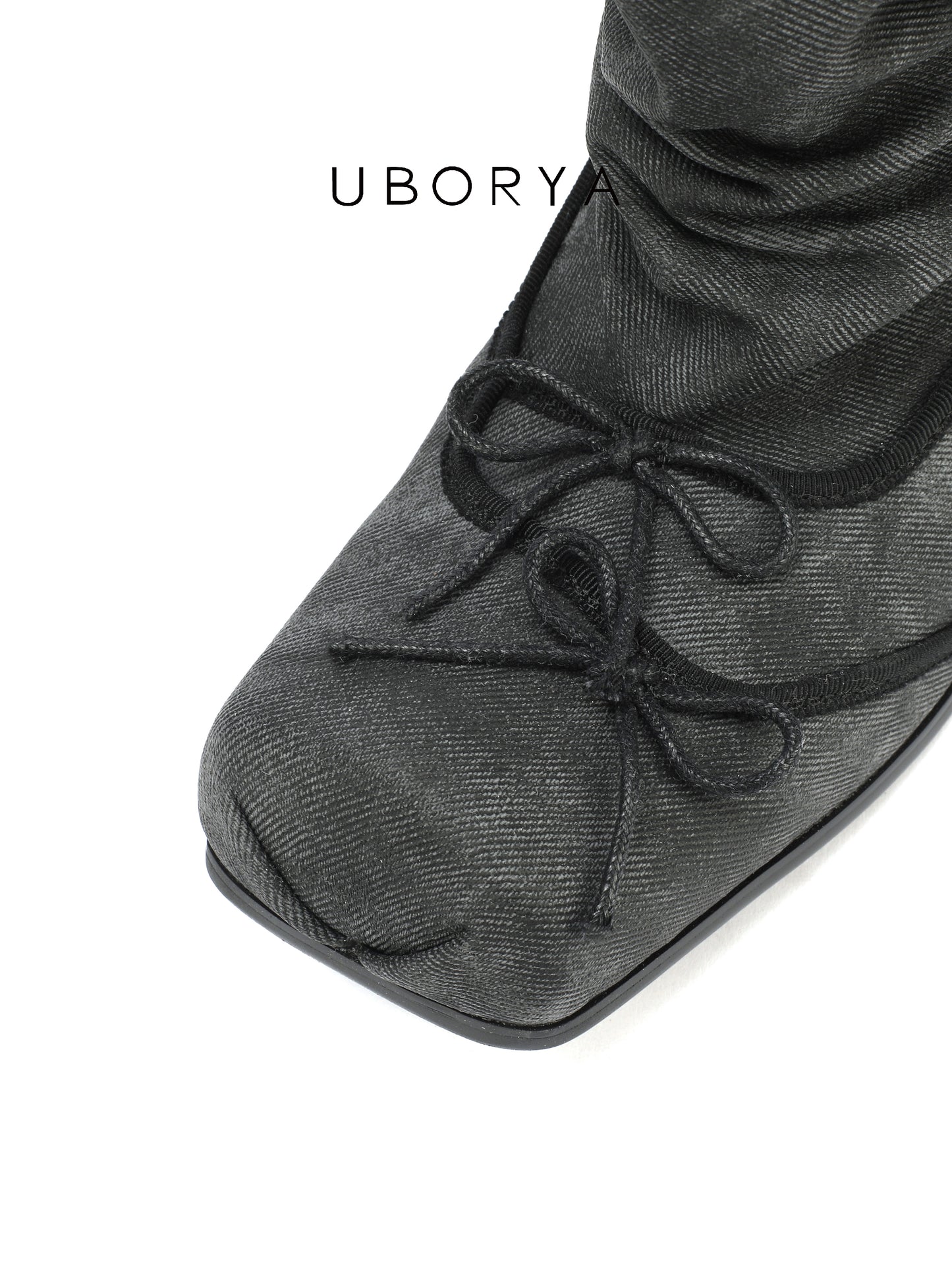 UBORYA Grey Denim Slouchy Ankle Boots with Bows – Square Toe Kitten Heel Booties for Women | Ruched Shaft | Mini Bow Accents | Grunge Y2K Denim Boots