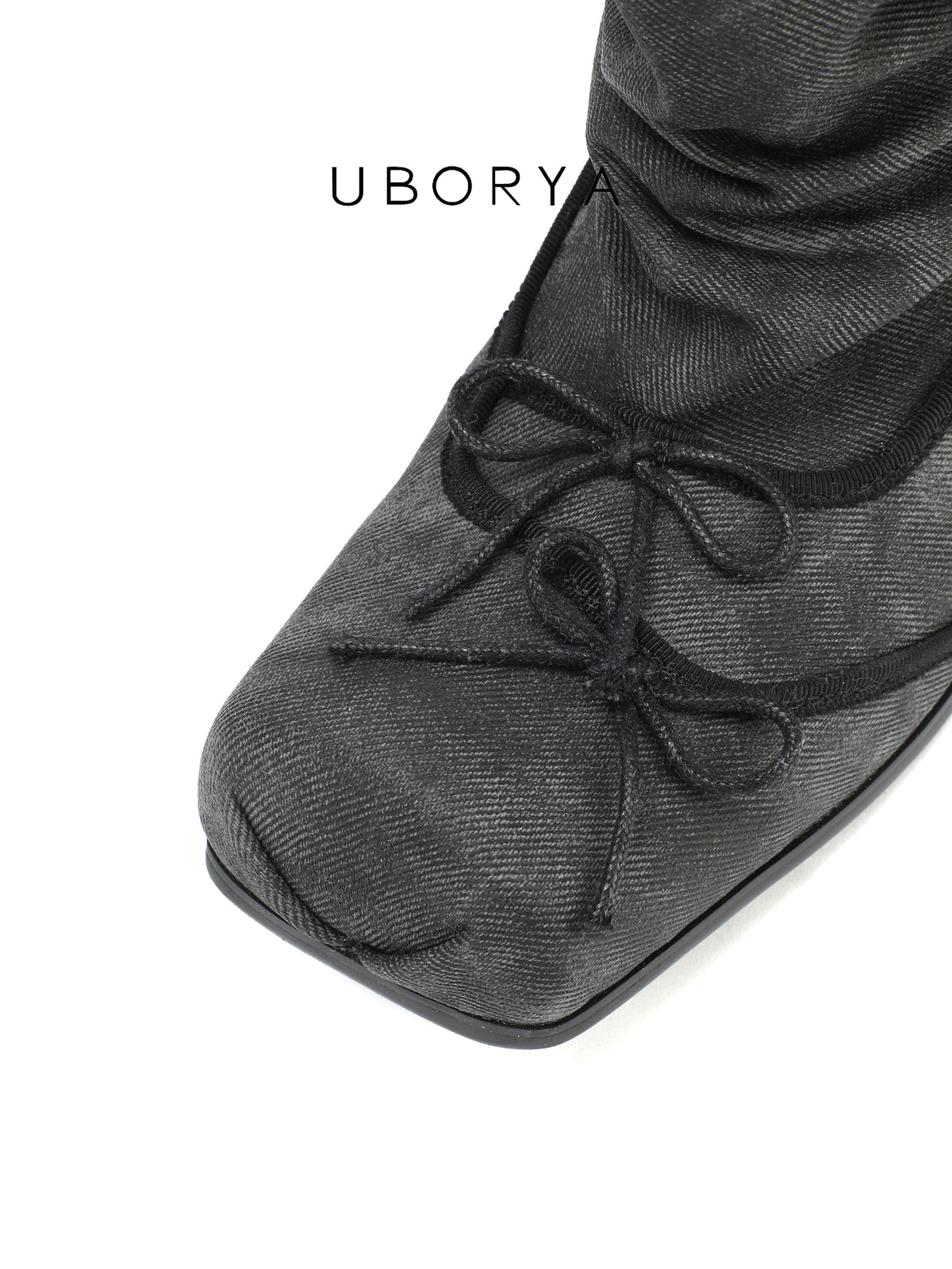 UBORYA Grey Denim Slouchy Bow Ankle Boots with Square Toe