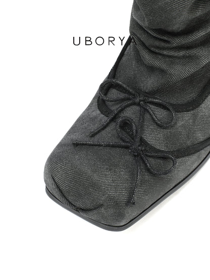 UBORYA Grey Denim Slouchy Ankle Boots with Bows – Square Toe Kitten Heel Booties for Women | Ruched Shaft | Mini Bow Accents | Grunge Y2K Denim Boots