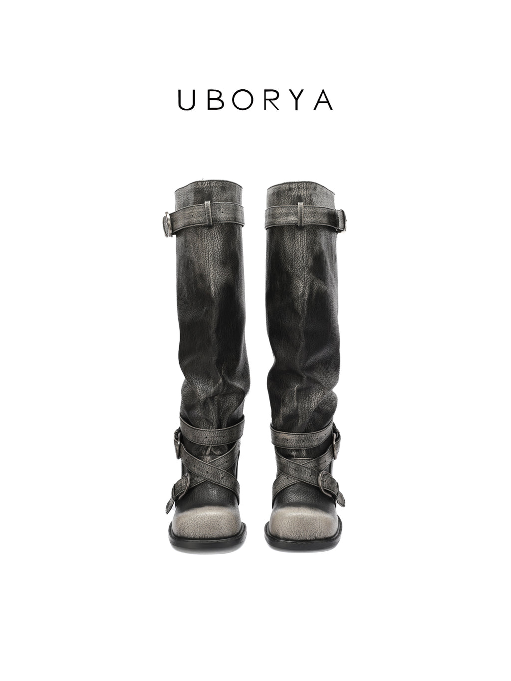 UBORYA Black Slouchy Knee-High Boots with Buckle Straps and Sculptural Heel