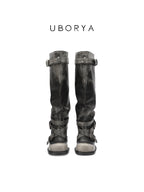UBORYA Black Slouchy Knee-High Boots with Buckle Straps and Sculptural Heel